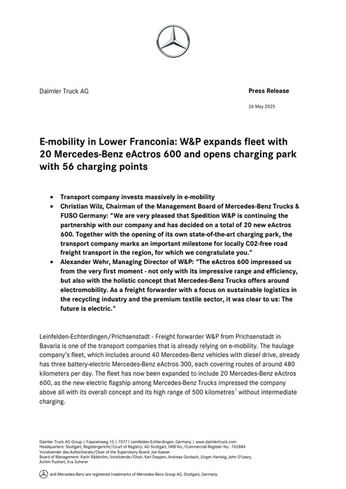 E-mobility in Lower Franconia: W&P expands fleet with 20 Mercedes-Benz eActros 600 and opens charging park with 56 charging points