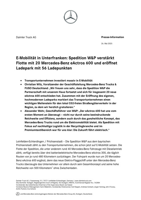 E-Mobilität in Unterfranken: Spedition W&P verstärkt Flotte mit 20 Mercedes-Benz eActros 600 und eröffnet Ladepark mit 56 Ladepunkten