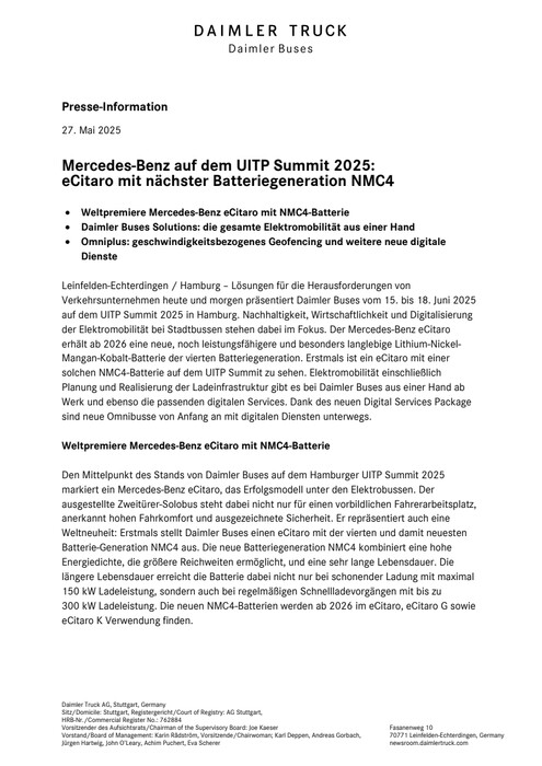 Mercedes-Benz auf dem UITP Summit 2025: eCitaro mit nächster Batteriegeneration NMC4