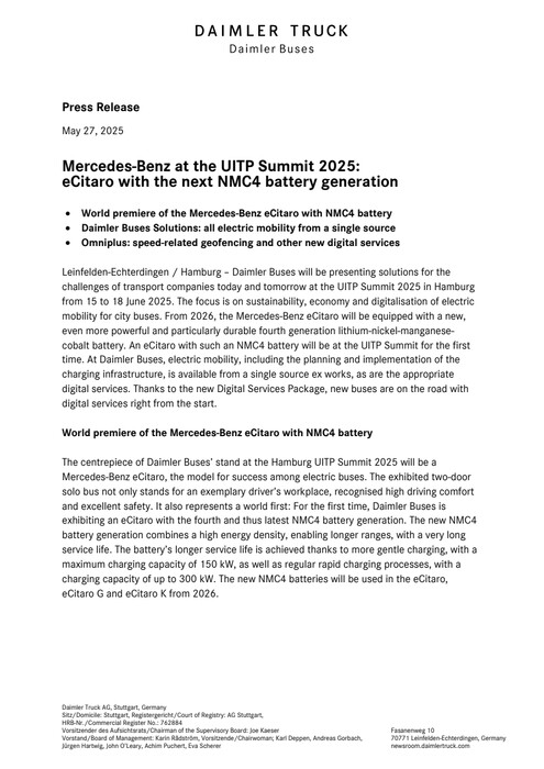 Mercedes-Benz at the UITP Summit 2025: eCitaro with the next NMC4 battery generation