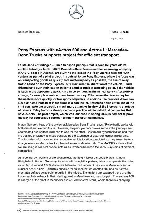 Pony Express with eActros 600 and Actros L: Mercedes-Benz Trucks supports project for efficient transport