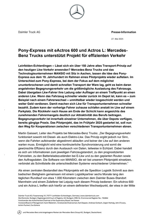 Pony-Express mit eActros 600 und Actros L: Mercedes-Benz Trucks unterstützt Projekt für effizienten Verkehr