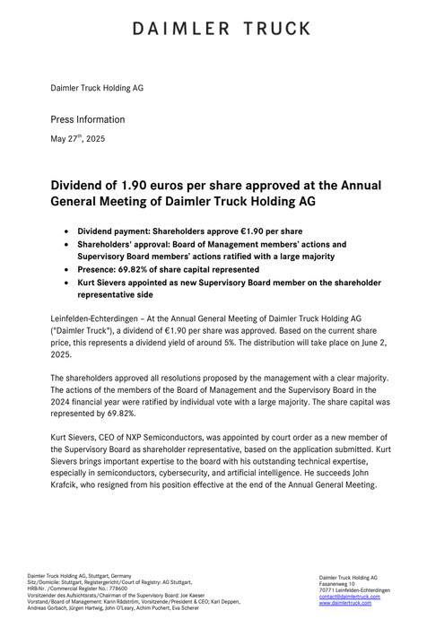 Dividend of 1.90 euros per share approved at the Annual General Meeting of Daimler Truck Holding AG