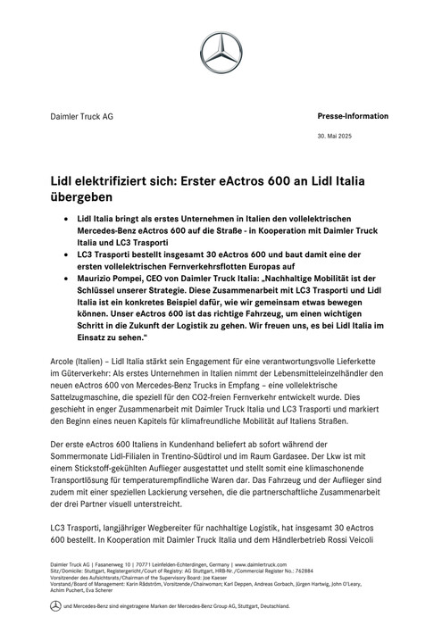 Lidl elektrifiziert sich: Erster eActros 600 an Lidl Italia übergeben