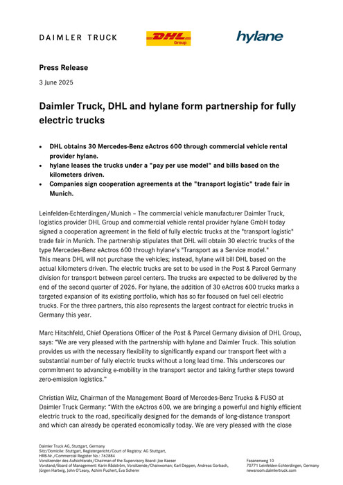 Daimler Truck, DHL and hylane form partnership for fully electric trucks