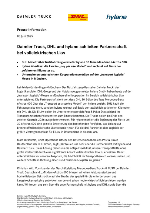 Daimler Truck, DHL und hylane schließen Partnerschaft bei vollelektrischen Lkw