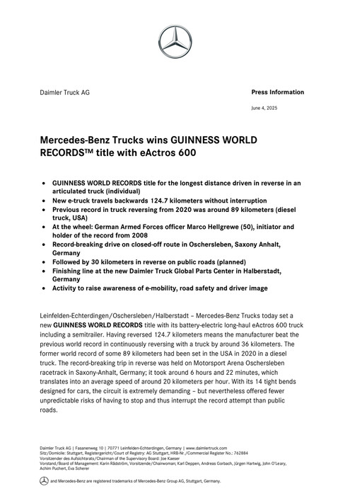 Mercedes-Benz Trucks wins GUINNESS WORLD RECORDS™ title with eActros 600