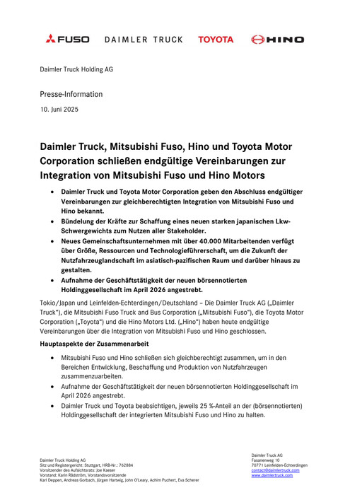 Daimler Truck, Mitsubishi Fuso, Hino und Toyota Motor Corporation schließen endgültige Vereinbarungen zur Integration von Mitsubishi Fuso und Hino Motors