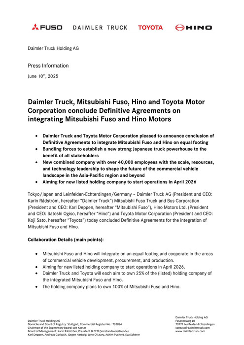 Daimler Truck, Mitsubishi Fuso, Hino and Toyota Motor Corporation conclude Definitive Agreements on integrating Mitsubishi Fuso and Hino Motors
