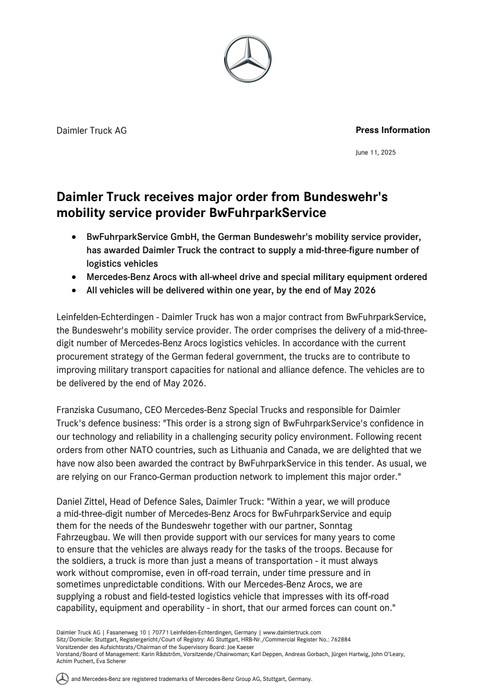 Daimler Truck receives major order from Bundeswehr's mobility service provider BwFuhrparkService