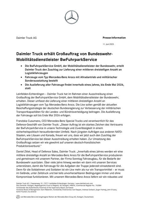 Daimler Truck erhält Großauftrag von Bundeswehr-Mobilitätsdienstleister BwFuhrparkService