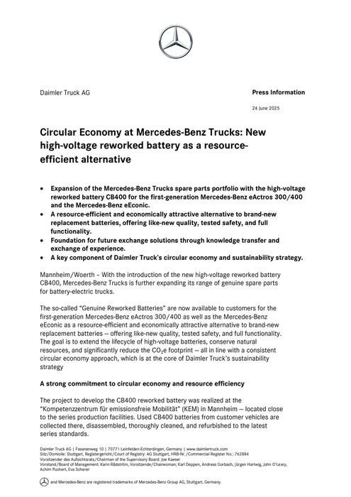 Circular Economy at Mercedes-Benz Trucks: New high-voltage reworked battery as a resource-efficient alternative