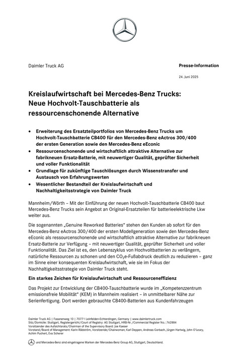 Kreislaufwirtschaft bei Mercedes-Benz Trucks: Neue Hochvolt-Tauschbatterie als ressourcenschonende Alternative