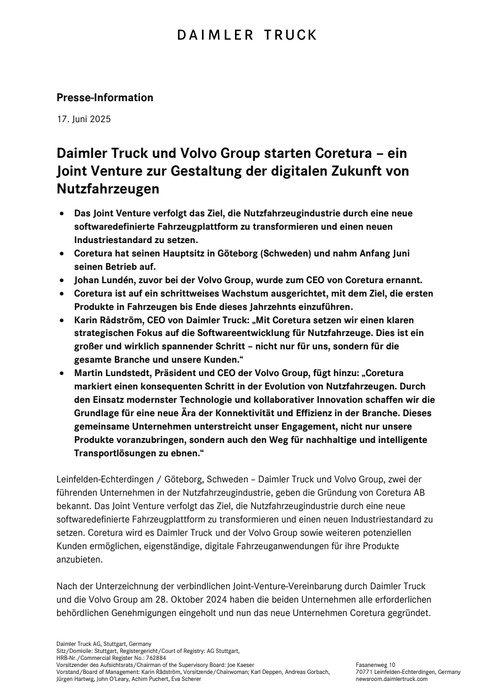Daimler Truck und Volvo Group starten Coretura – ein Joint Venture zur Gestaltung der digitalen Zukunft von Nutzfahrzeugen