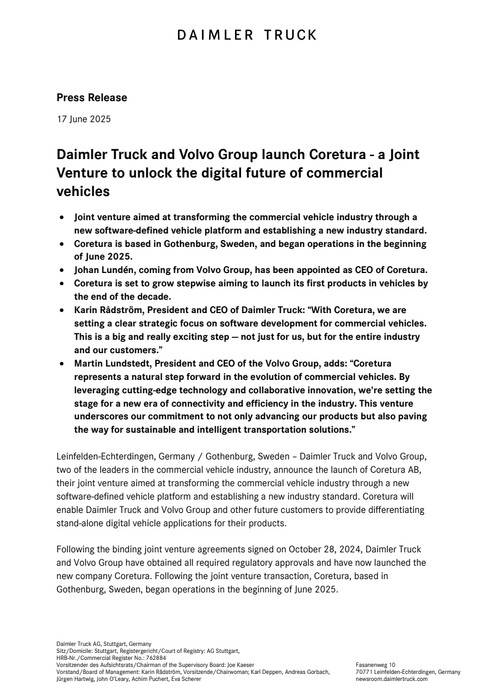 Daimler Truck and Volvo Group launch Coretura - a Joint Venture to unlock the digital future of commercial vehicles