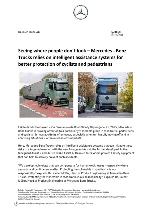 Seeing where people don´t look – Mercedes - Benz Trucks relies on intelligent assistance systems for better protection of cyclists and pedestrians