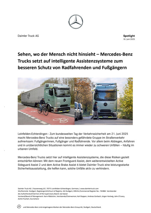 Sehen, wo der Mensch nicht hinsieht – Mercedes-Benz Trucks setzt auf intelligente Assistenzsysteme zum besseren Schutz von Radfahrenden und Fußgängern