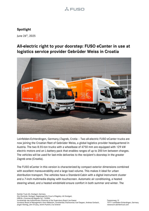 All-electric right to your doorstep: FUSO eCanter in use at logistics service provider Gebrüder Weiss in Croatia