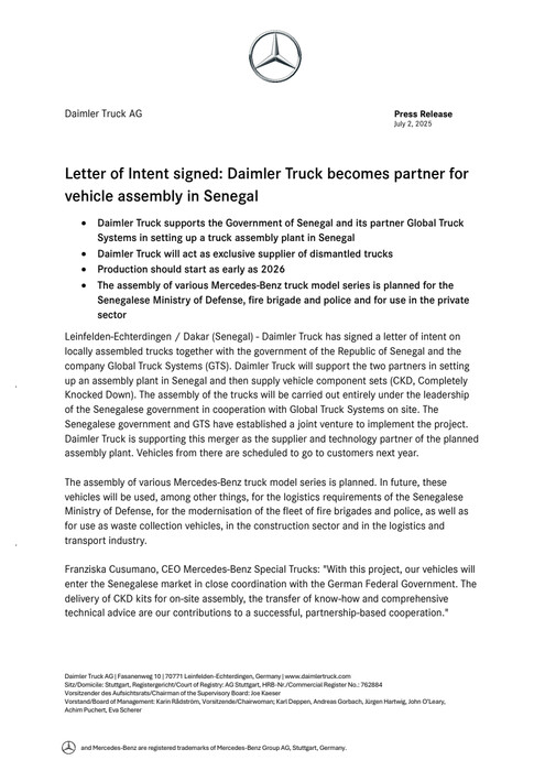 Letter of Intent signed: Daimler Truck becomes partner for vehicle assembly in Senegal