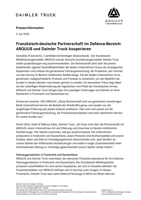 Französisch-deutsche Partnerschaft im Defence-Bereich: ARQUUS und Daimler Truck kooperieren