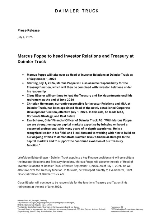 Marcus Poppe to head Investor Relations and Treasury at Daimler Truck