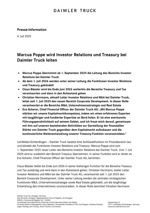 Marcus Poppe wird Investor Relations und Treasury bei Daimler Truck leiten
