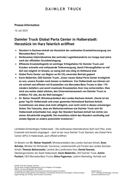 Daimler Truck Global Parts Center in Halberstadt: Herzstück im Harz feierlich eröffnet