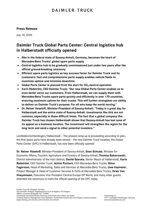 Daimler Truck Global Parts Center: Central logistics hub in Halberstadt officially opened