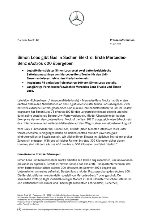 Simon Loos gibt Gas in Sachen Elektro: Erste Mercedes-Benz eActros 600 übergeben