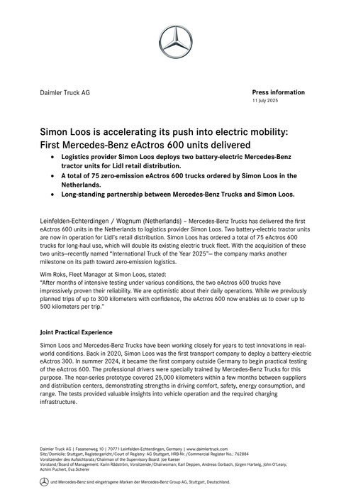 Simon Loos is accelerating its push into electric mobility: First Mercedes-Benz eActros 600 units delivered