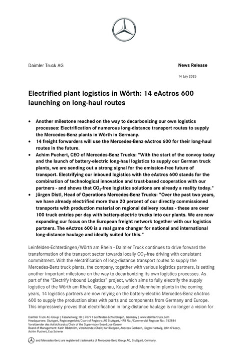 Electrified plant logistics in Wörth: 14 eActros 600 launching on long-haul routes