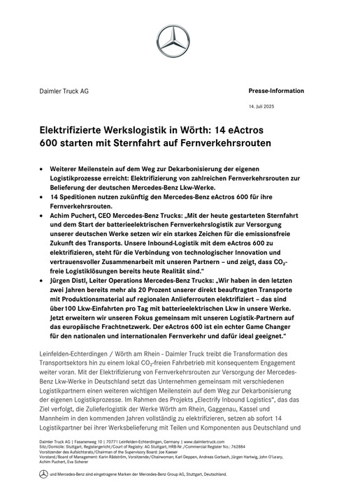 Elektrifizierte Werkslogistik in Wörth: 14 eActros 600 starten mit Sternfahrt auf Fernverkehrsrouten