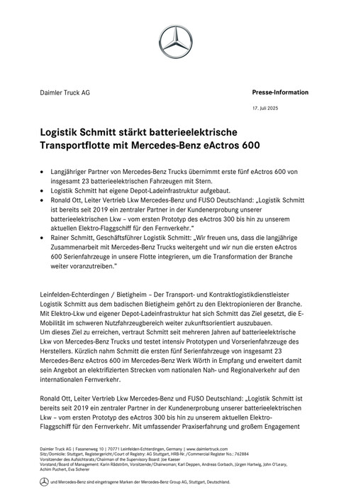Logistik Schmitt stärkt batterieelektrische Transportflotte mit Mercedes-Benz eActros 600