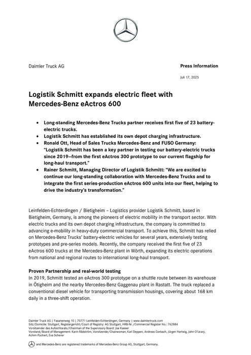 Logistik Schmitt expands electric fleet with Mercedes-Benz eActros 600