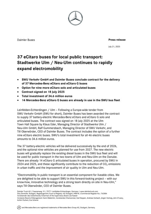 37 eCitaro buses for local public transport: Stadtwerke Ulm / Neu-Ulm continues to rapidly expand electromobility