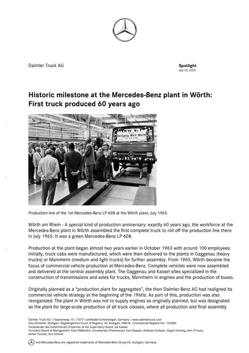Historic milestone at the Mercedes-Benz plant in Wörth: First truck produced 60 years ago