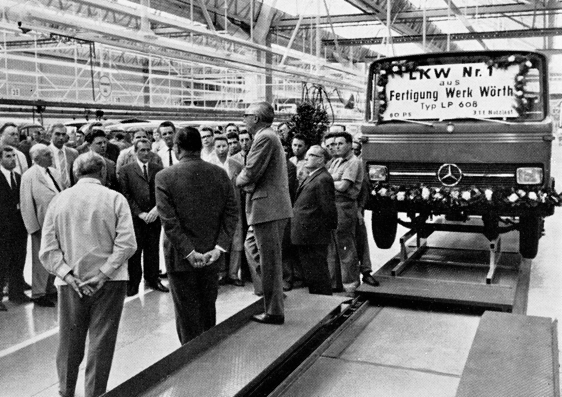 Production line of the 1st Mercedes-Benz LP 608 at the Wörth plant, July 1965. Historic milestone at the Mercedes-Benz plant in Wörth: First truck produced 60 years ago