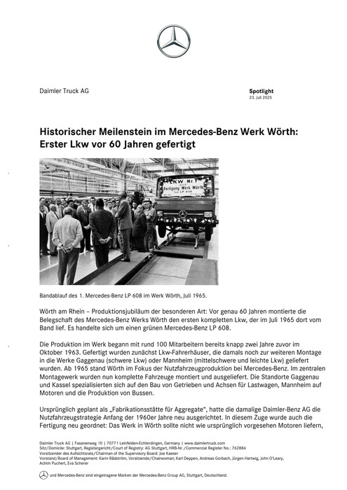 Historischer Meilenstein im Mercedes-Benz Werk Wörth: Erster Lkw vor 60 Jahren gefertigt