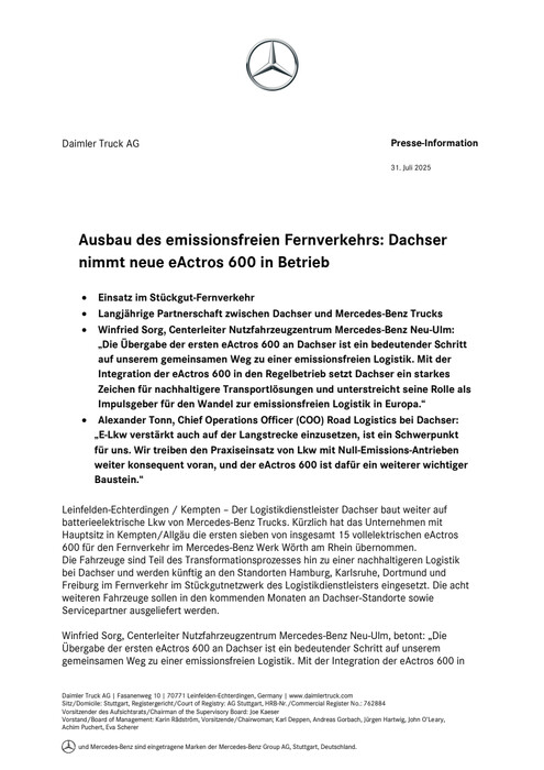 Ausbau des emissionsfreien Fernverkehrs: Dachser nimmt neue eActros 600 in Betrieb