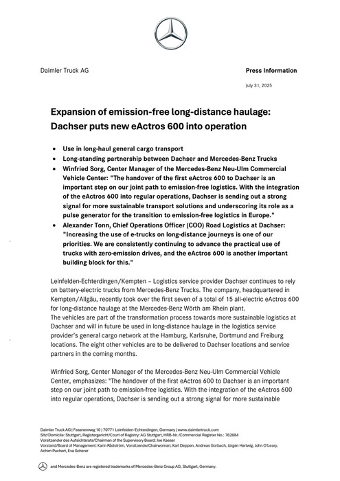 Expansion of emission-free long-distance haulage: Dachser puts new eActros 600 into operation