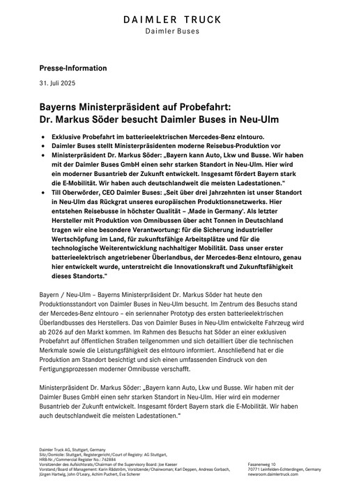 Bayerns Ministerpräsident auf Probefahrt: Dr. Markus Söder besucht Daimler Buses in Neu-Ulm