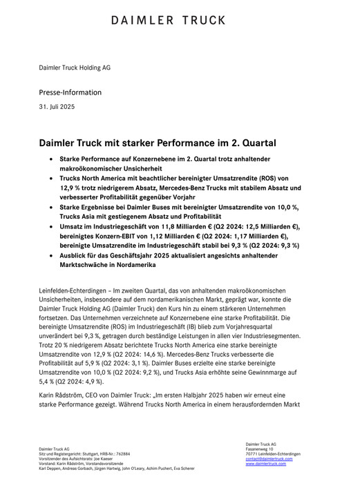Daimler Truck mit starker Performance im 2. Quartal