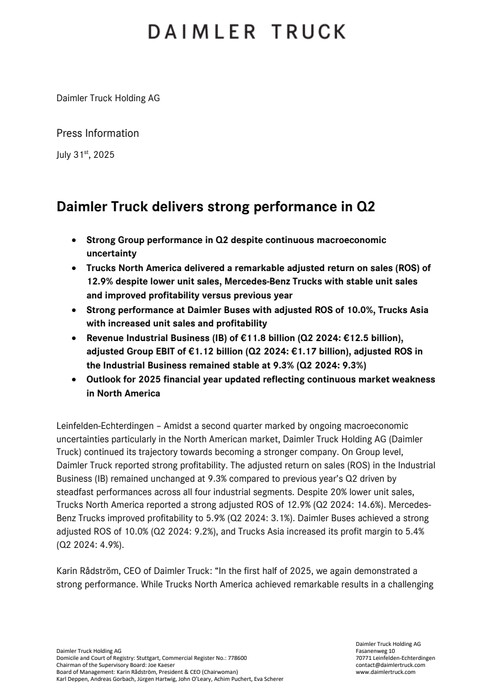 Daimler Truck delivers strong performance in Q2