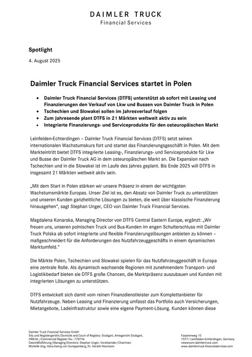 Daimler Truck Financial Services startet in Polen