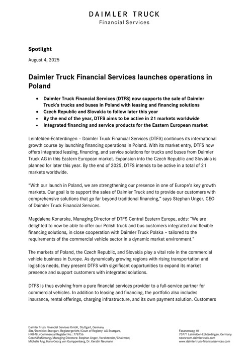 Daimler Truck Financial Services launches operations in Poland
