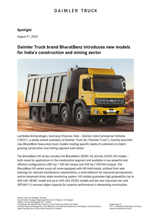 Daimler Truck brand BharatBenz introduces new models for India’s construction and mining sector