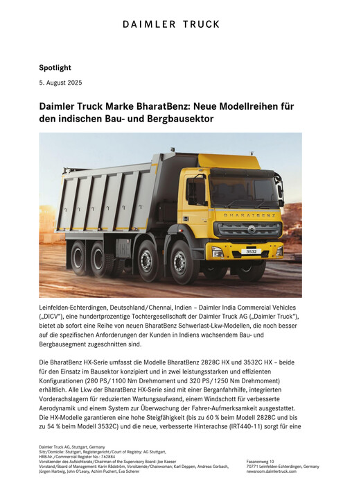 Daimler Truck Marke BharatBenz: Neue Modellreihen für den indischen Bau- und Bergbausektor