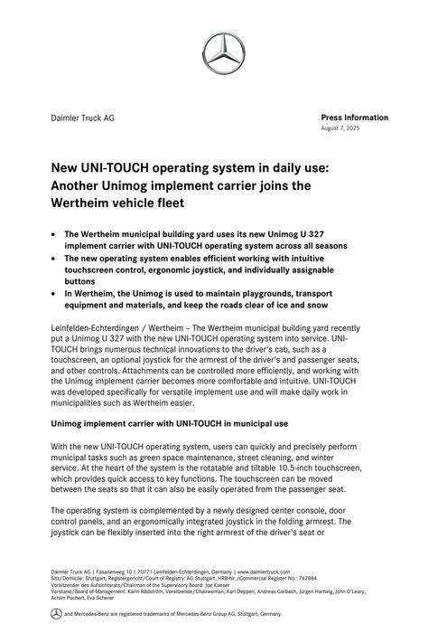 New UNI-TOUCH operating system in daily use: Another Unimog implement carrier joins the Wertheim vehicle fleet