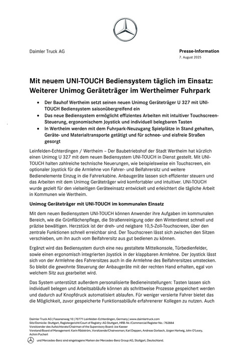 Mit neuem UNI-TOUCH Bediensystem täglich im Einsatz: Weiterer Unimog Geräteträger im Wertheimer Fuhrpark
