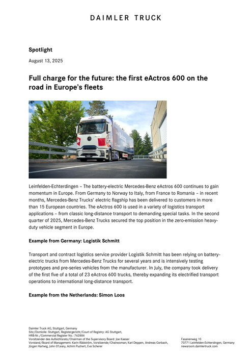 Full charge for the future: the first eActros 600 on the road in Europe’s fleets